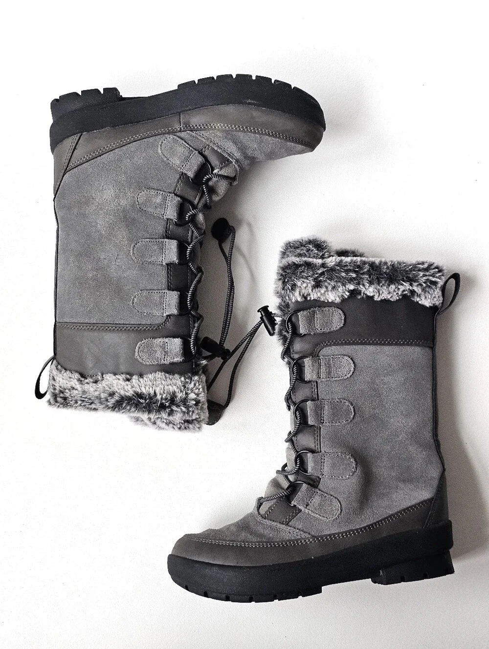 All In Motion Leather Upper Girls Gray Faux Fur Winter Snow Boots Size 1